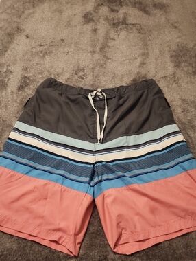 Men's Two-Tone Gray, Coral & Blue Stripe Swim Board Shorts